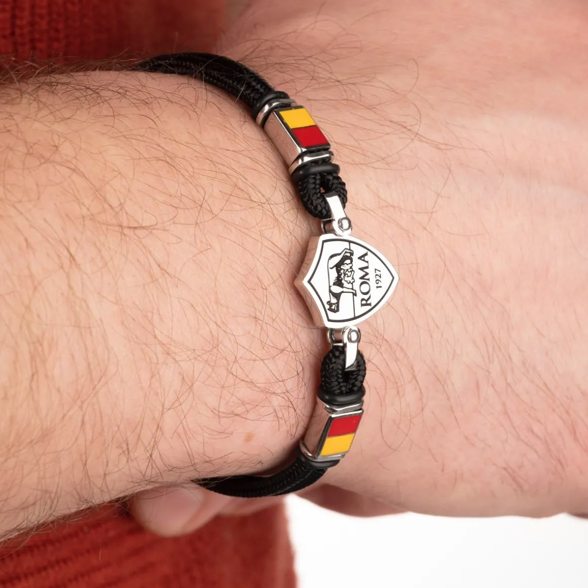 AS Roma Bracelet with central plaque logo in hypoallergenic steel and adjustable fabric cord black Sale