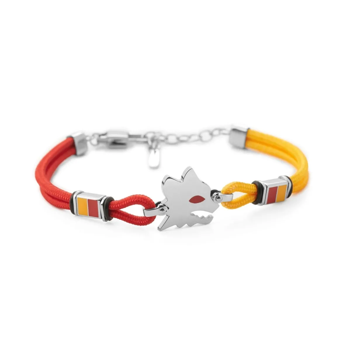 AS Roma Bracelet with central plaque Lupetto in hypoallergenic steel and adjustable fabric cord red and yellow Shop