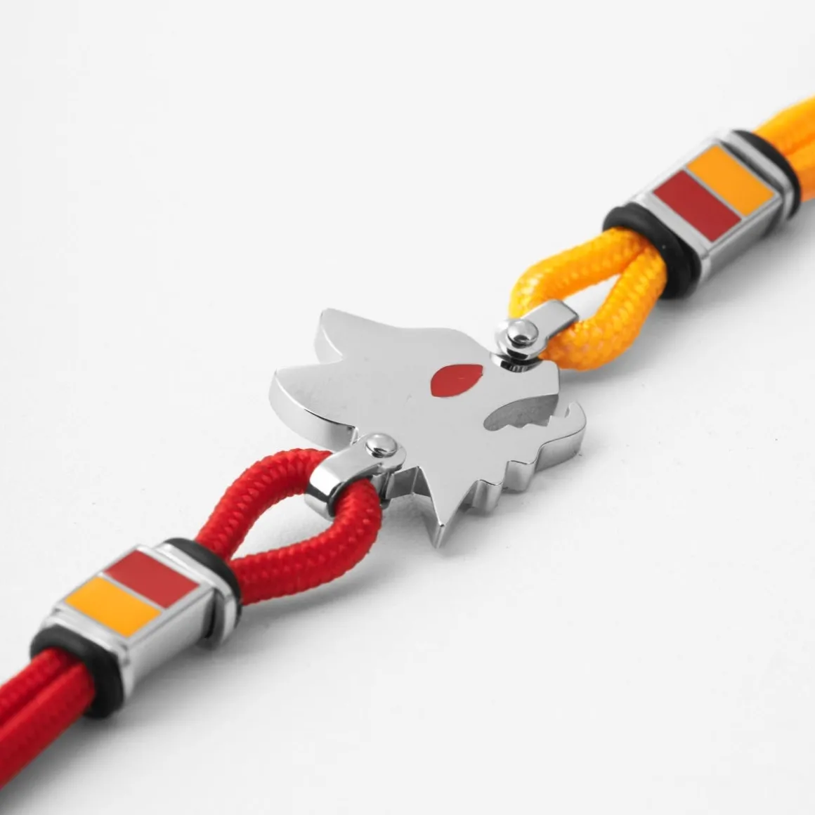 AS Roma Bracelet with central plaque Lupetto in hypoallergenic steel and adjustable fabric cord red and yellow Shop