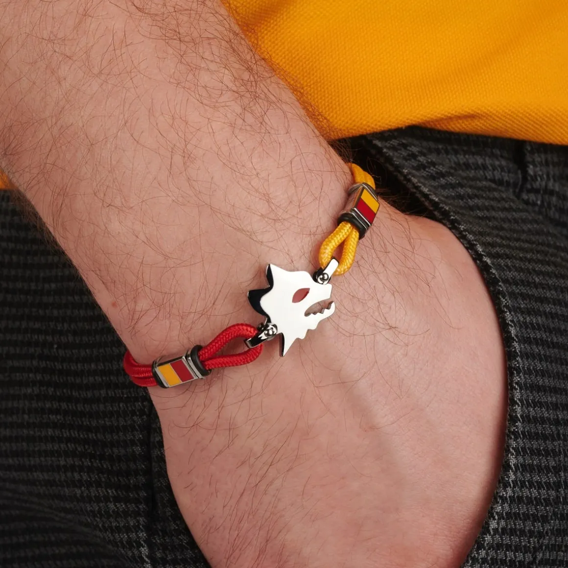 AS Roma Bracelet with central plaque Lupetto in hypoallergenic steel and adjustable fabric cord red and yellow Shop