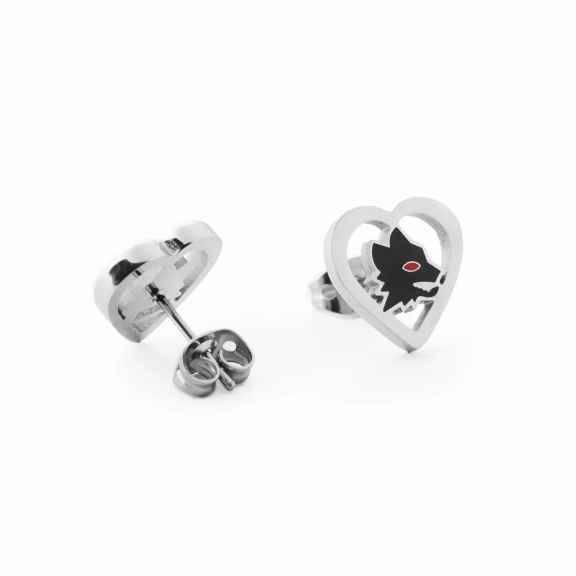 AS Roma Hypoallergenic steel earrings with heart and black enameled Lupetto with red eye Shop