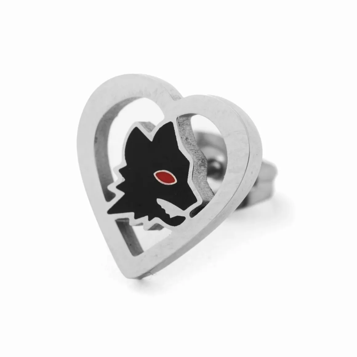 AS Roma Hypoallergenic steel earrings with heart and black enameled Lupetto with red eye Shop